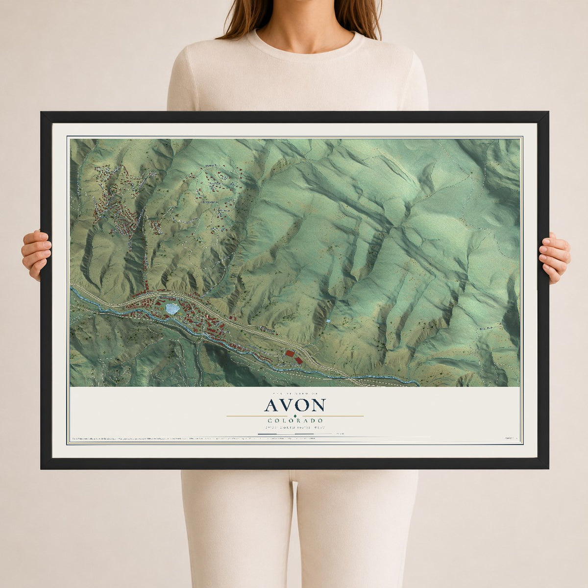Map of Avon, Colorado, 24 x 36 inch print in a black wood frame