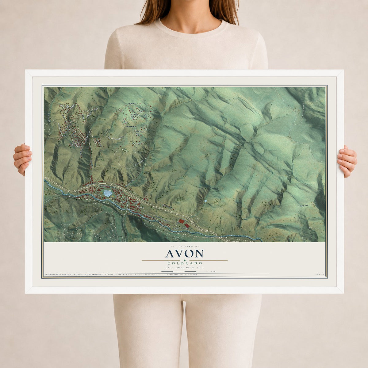 Map of Avon, Colorado, 24 x 36 inch print in a white wood frame