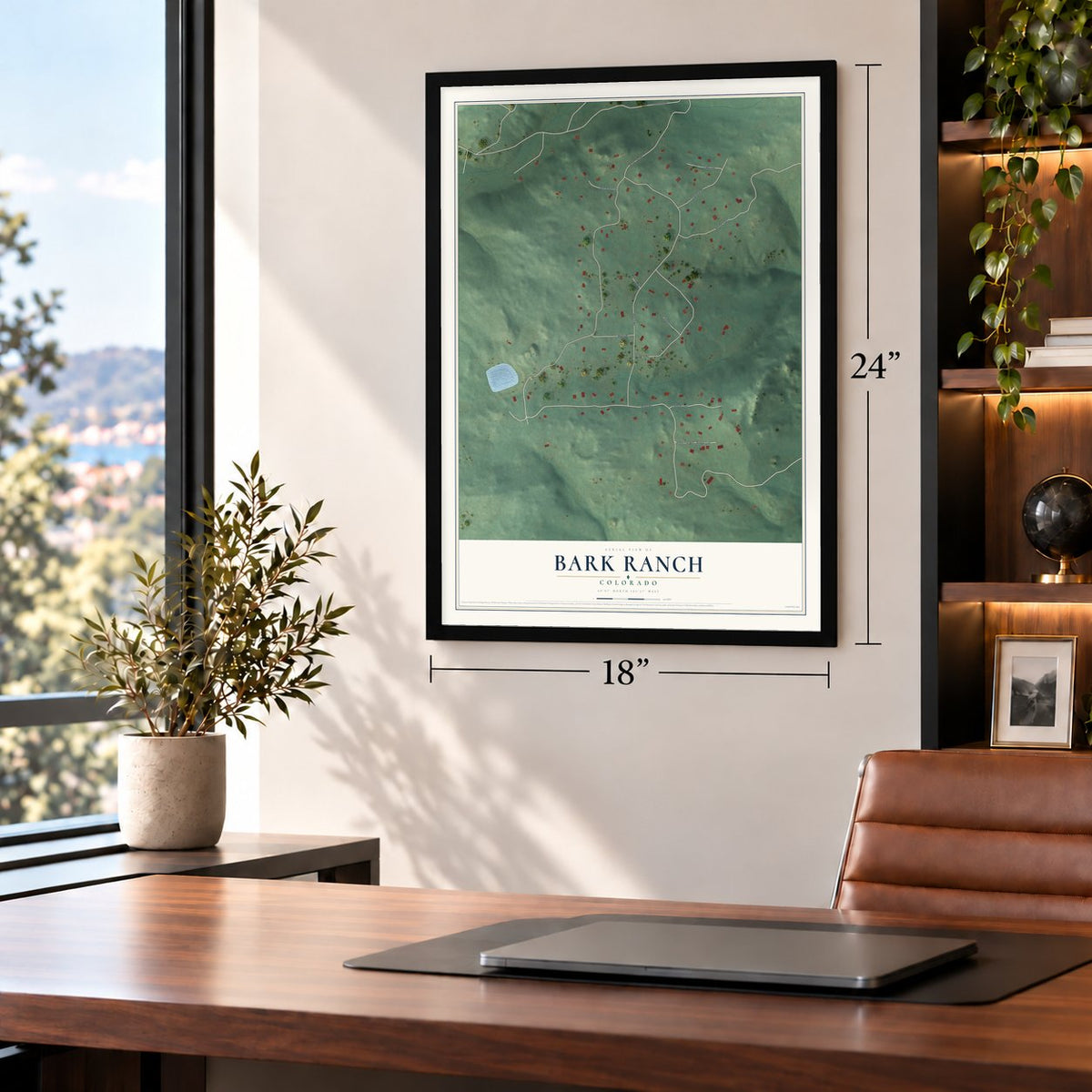 Bark Ranch, Colorado map, 18 x 24 inch print in a black frame in a home office