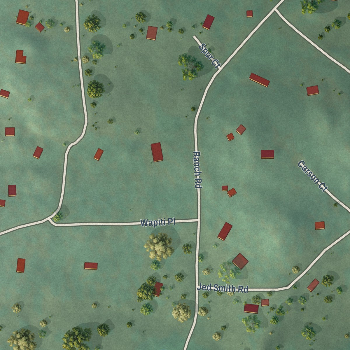 Close-up of the map of Bark Ranch, Colorado print showing street and building detail