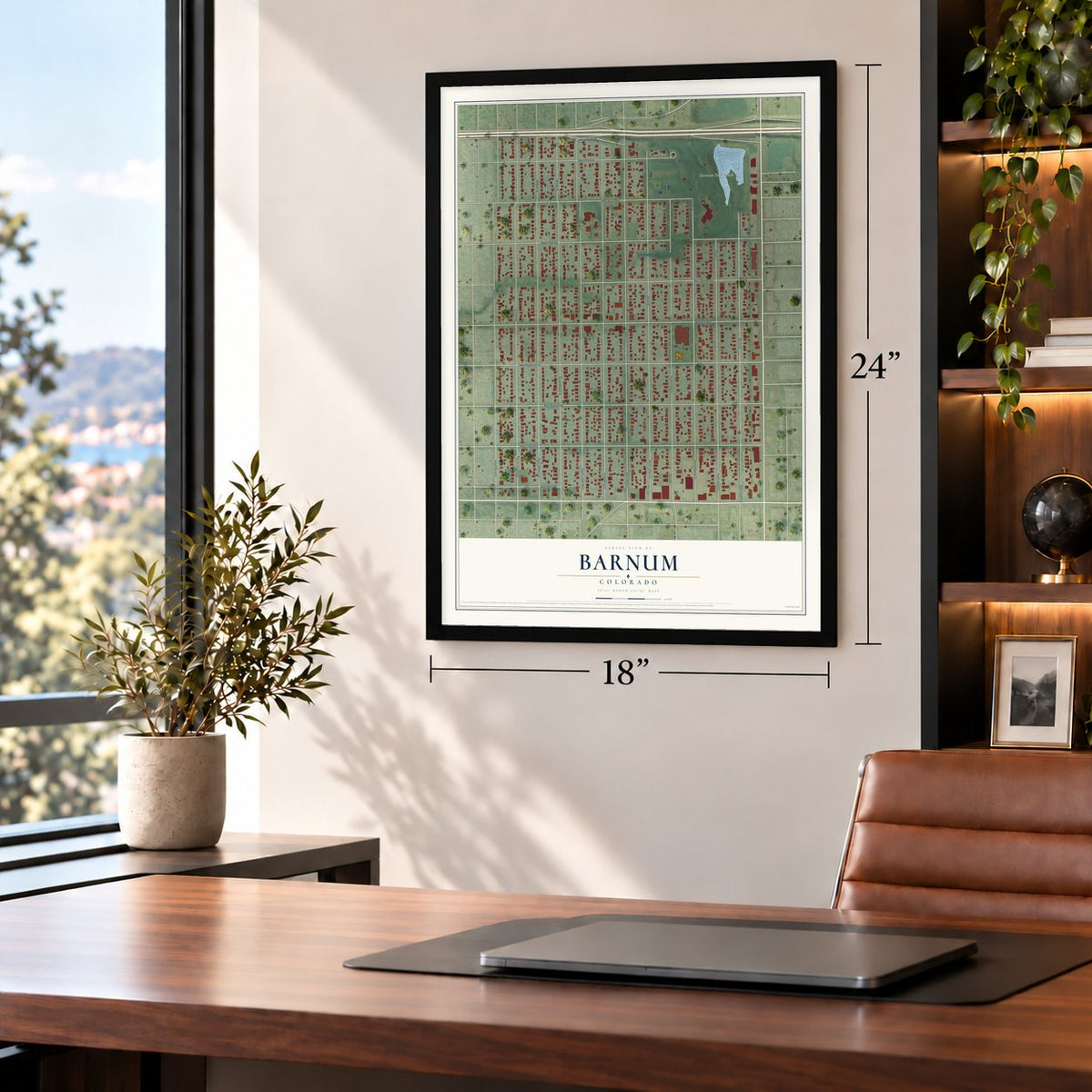 Barnum, Colorado map, 18 x 24 inch print in a black frame in a home office