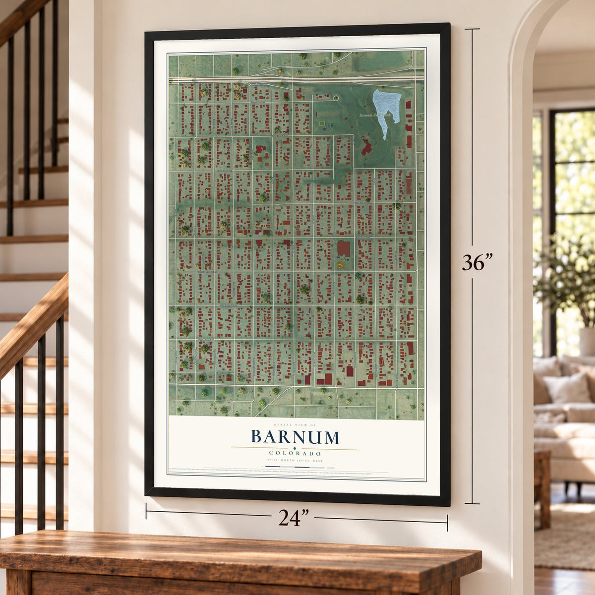 Barnum, Colorado map, 24 x 36 inch print in a black frame by a staircase