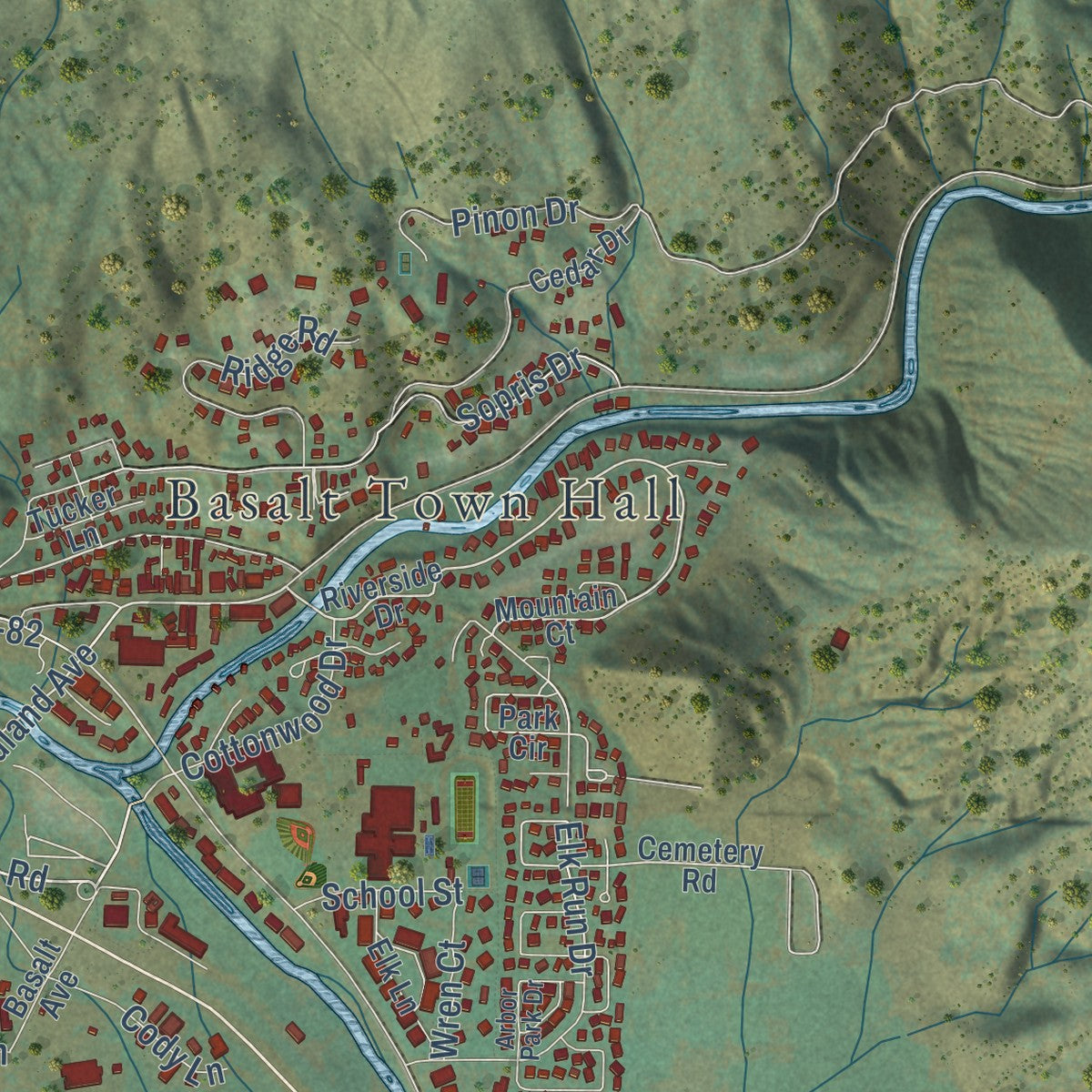 Close-up of the map of Basalt, Colorado print showing street and building detail