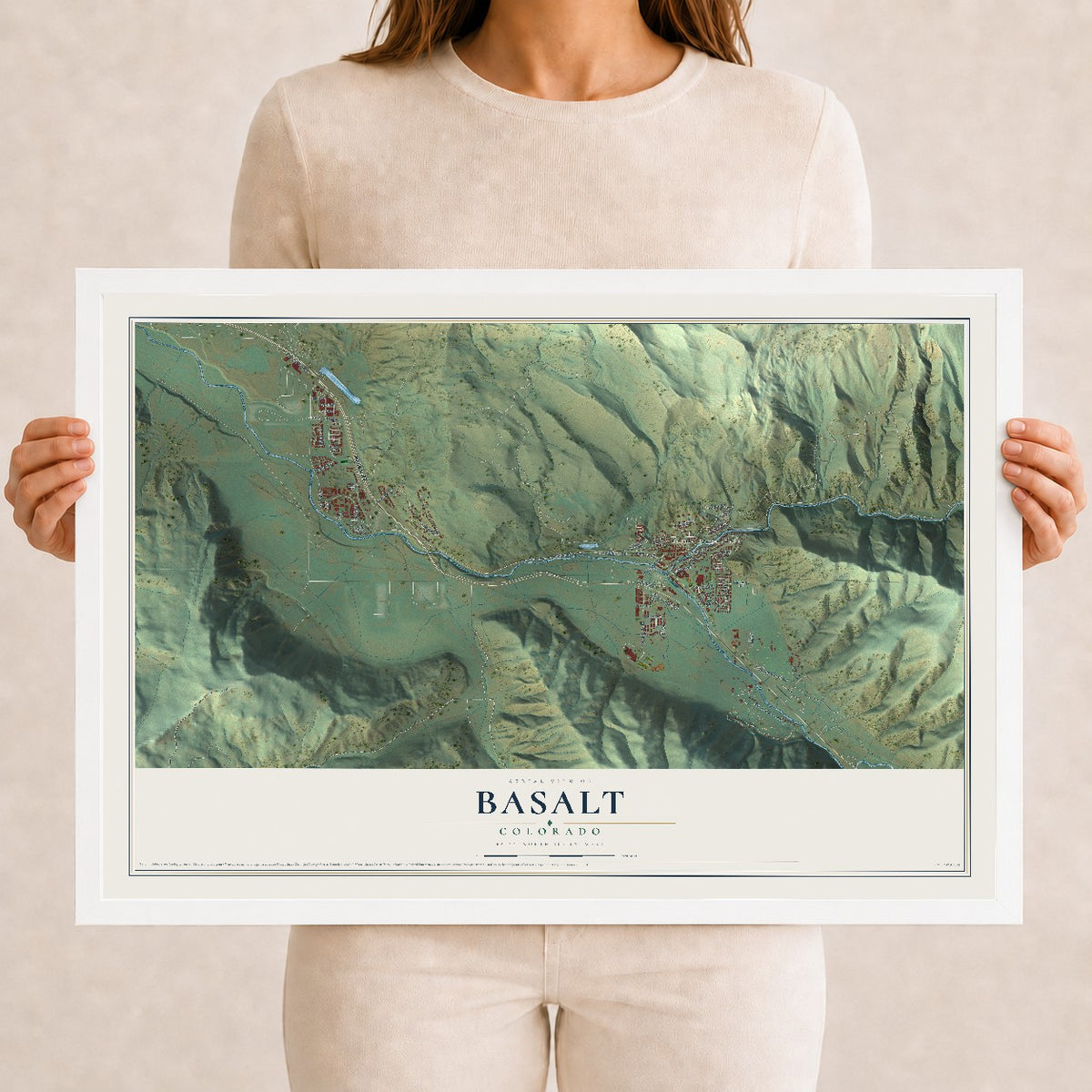 Map of Basalt, Colorado, 12 x 18 inch print in a white wood frame