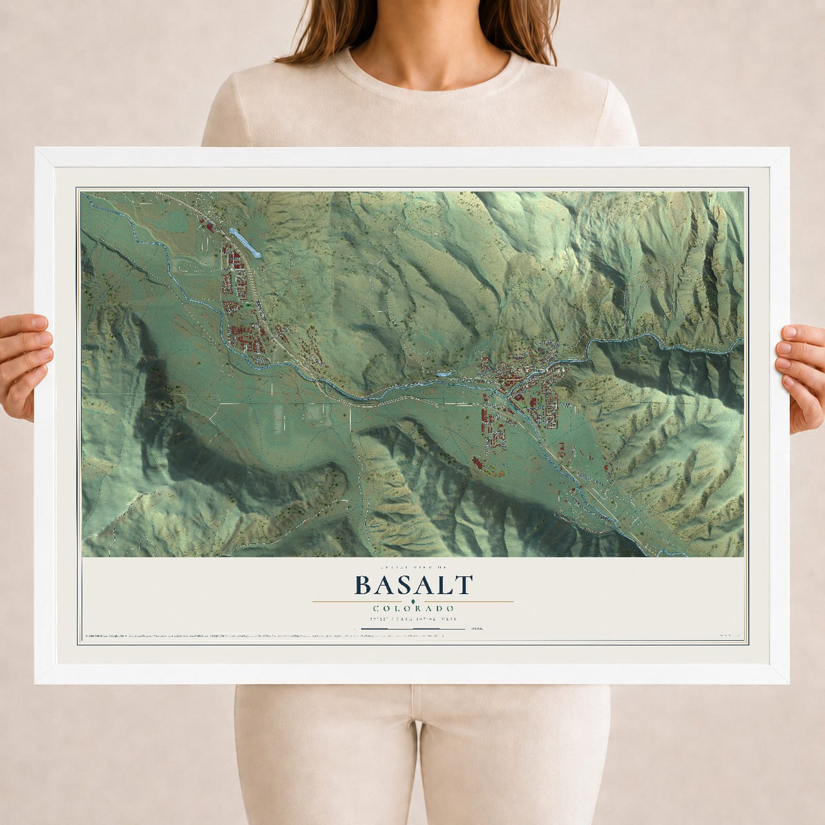 Map of Basalt, Colorado, 18 x 24 inch print in a white wood frame