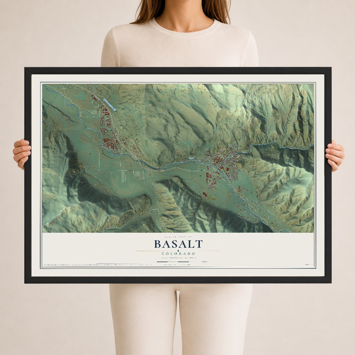 Map of Basalt, Colorado, 24 x 36 inch print in a black wood frame