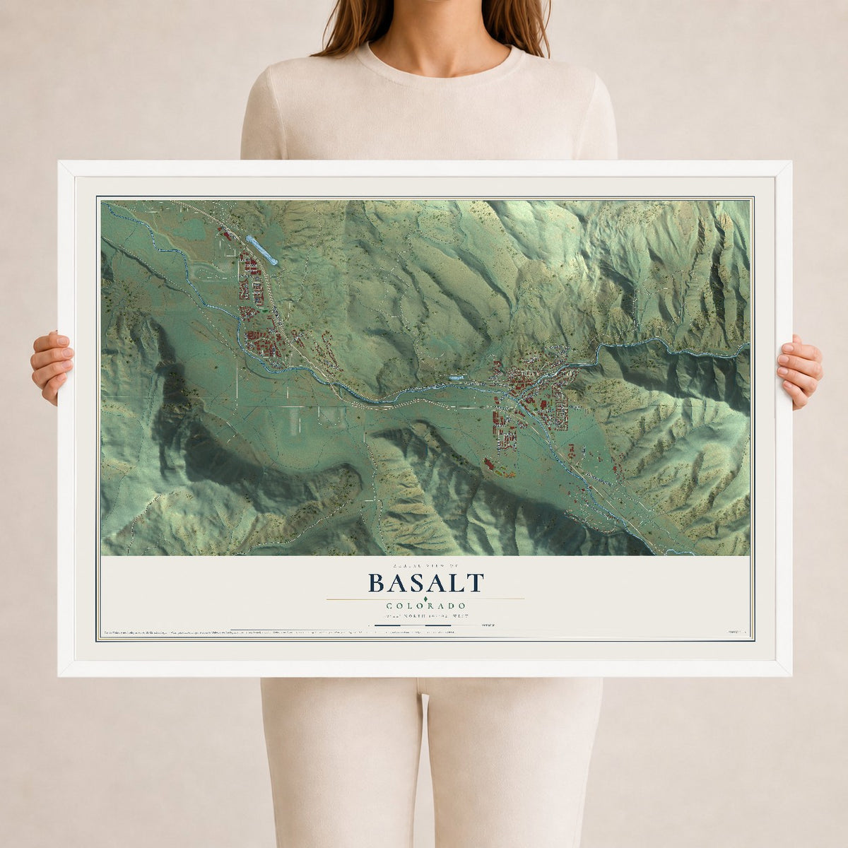 Map of Basalt, Colorado, 24 x 36 inch print in a white wood frame