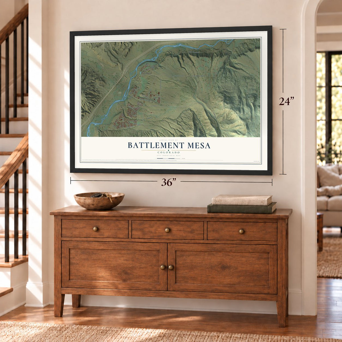 Battlement Mesa, Colorado map, 24 x 36 inch print in a black frame above a dresser by a staircase