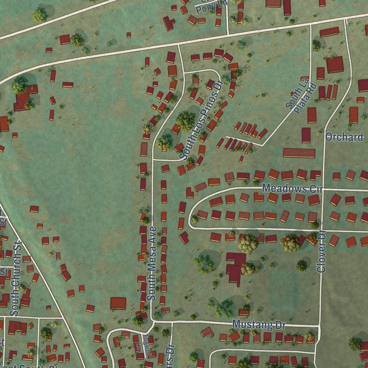 Second close-up of the map of Bayfield, Colorado print showing more streets and buildings