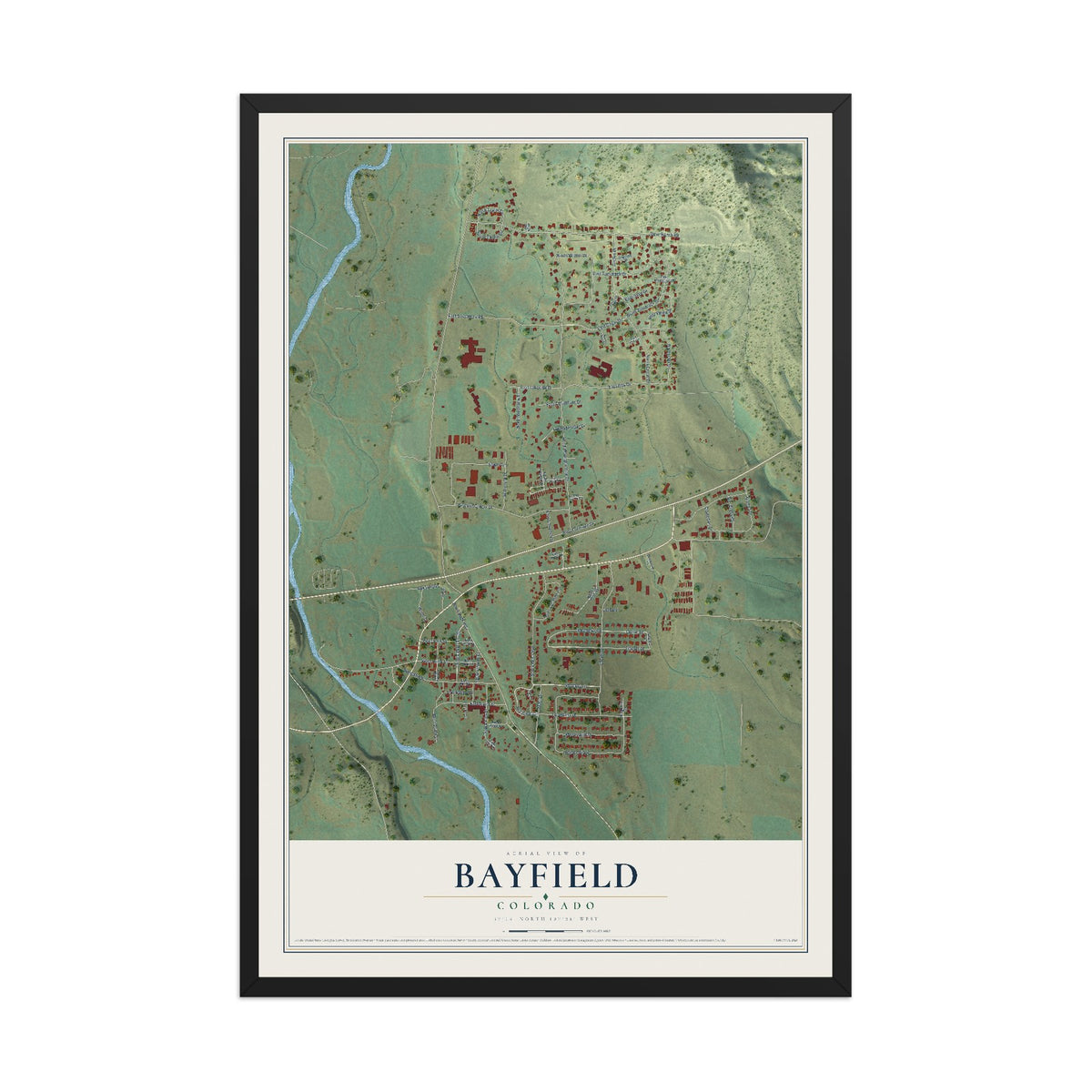 Map of Bayfield, Colorado, 12 x 18 inch print in a black wood frame