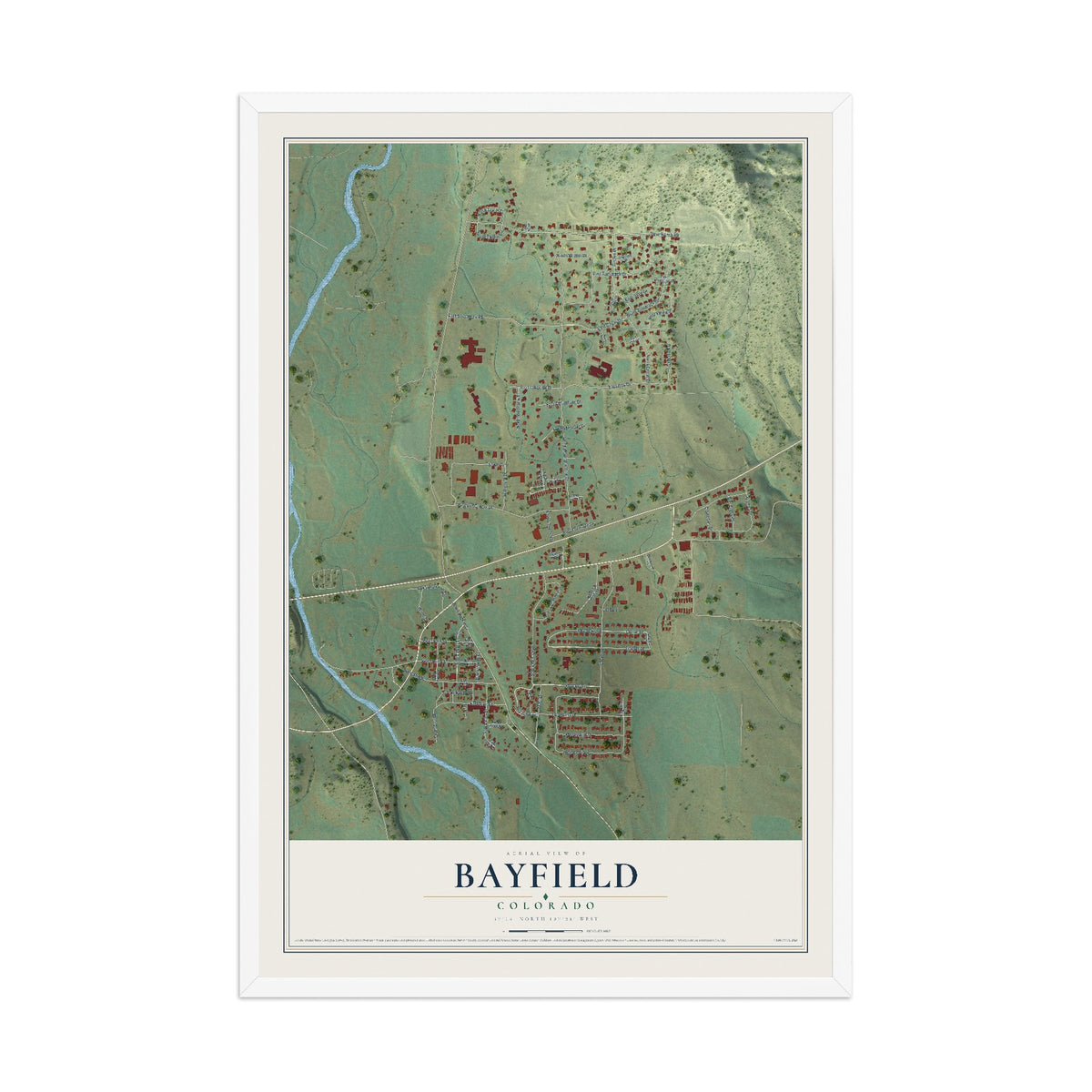Map of Bayfield, Colorado, 12 x 18 inch print in a white wood frame