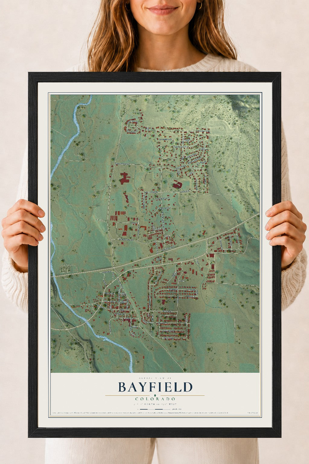 Map of Bayfield, Colorado, 18 x 24 inch print in a black wood frame