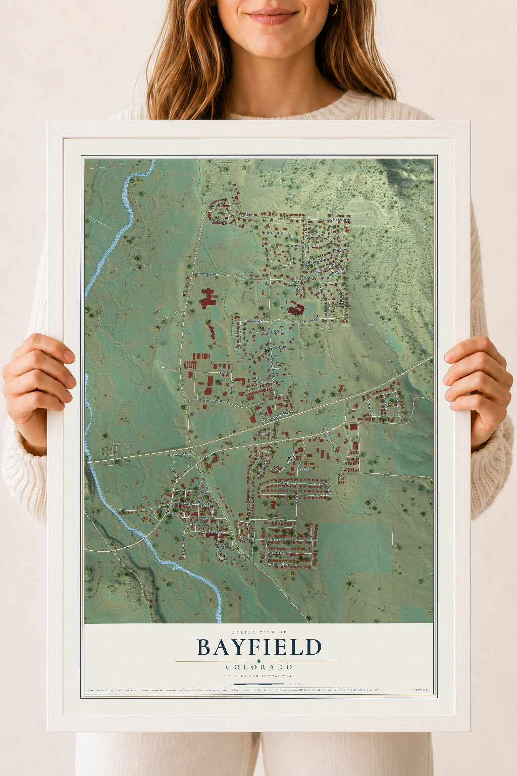 Map of Bayfield, Colorado, 18 x 24 inch print in a white wood frame