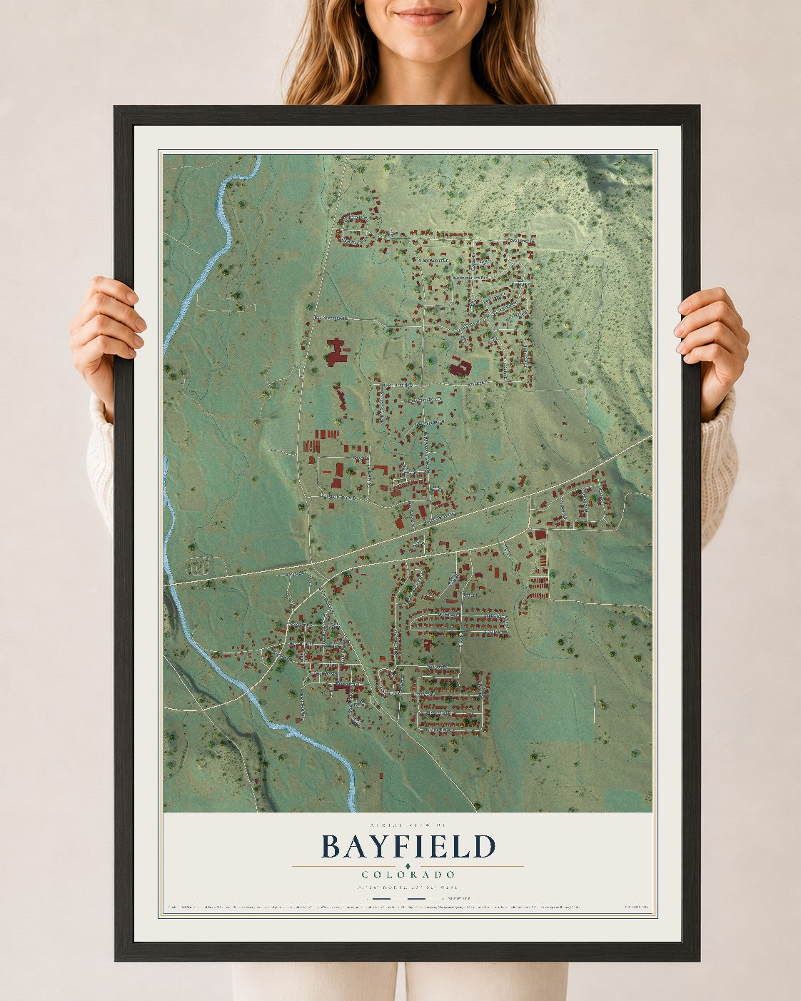 Map of Bayfield, Colorado, 24 x 36 inch print in a black wood frame