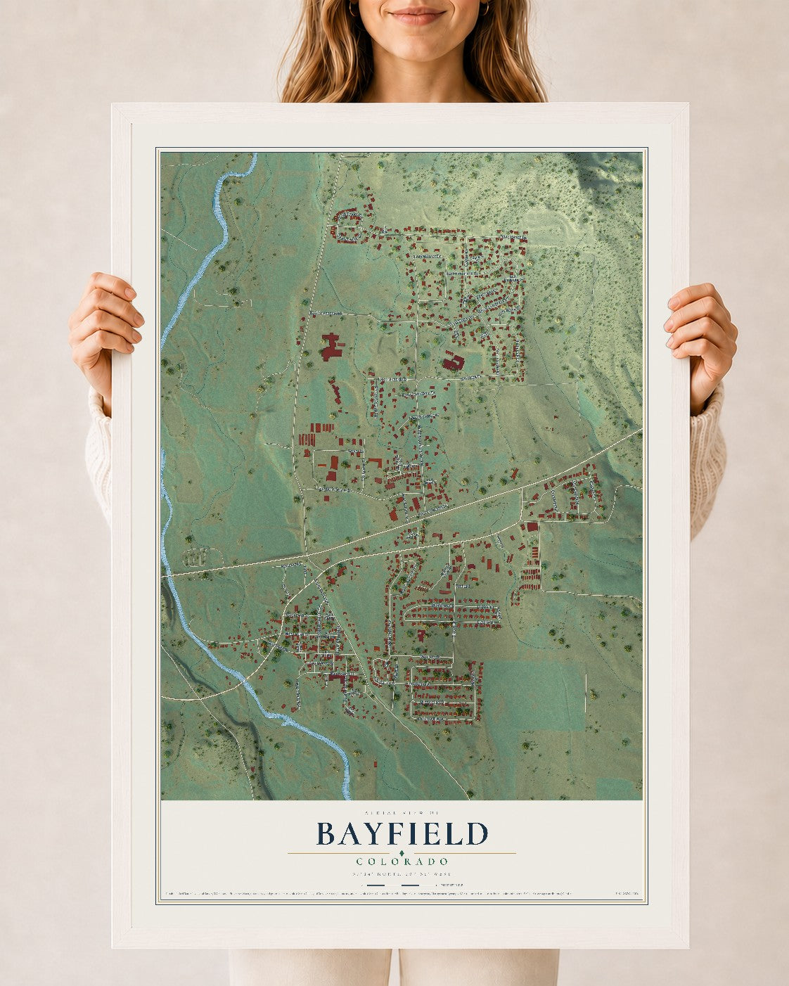Map of Bayfield, Colorado, 24 x 36 inch print in a white wood frame