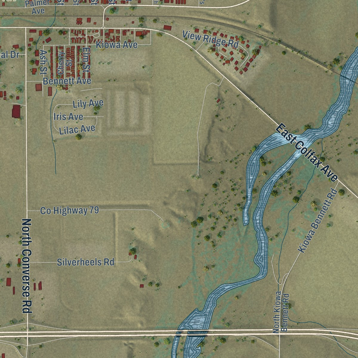 Close-up of the map of Bennett, Colorado print showing street and building detail