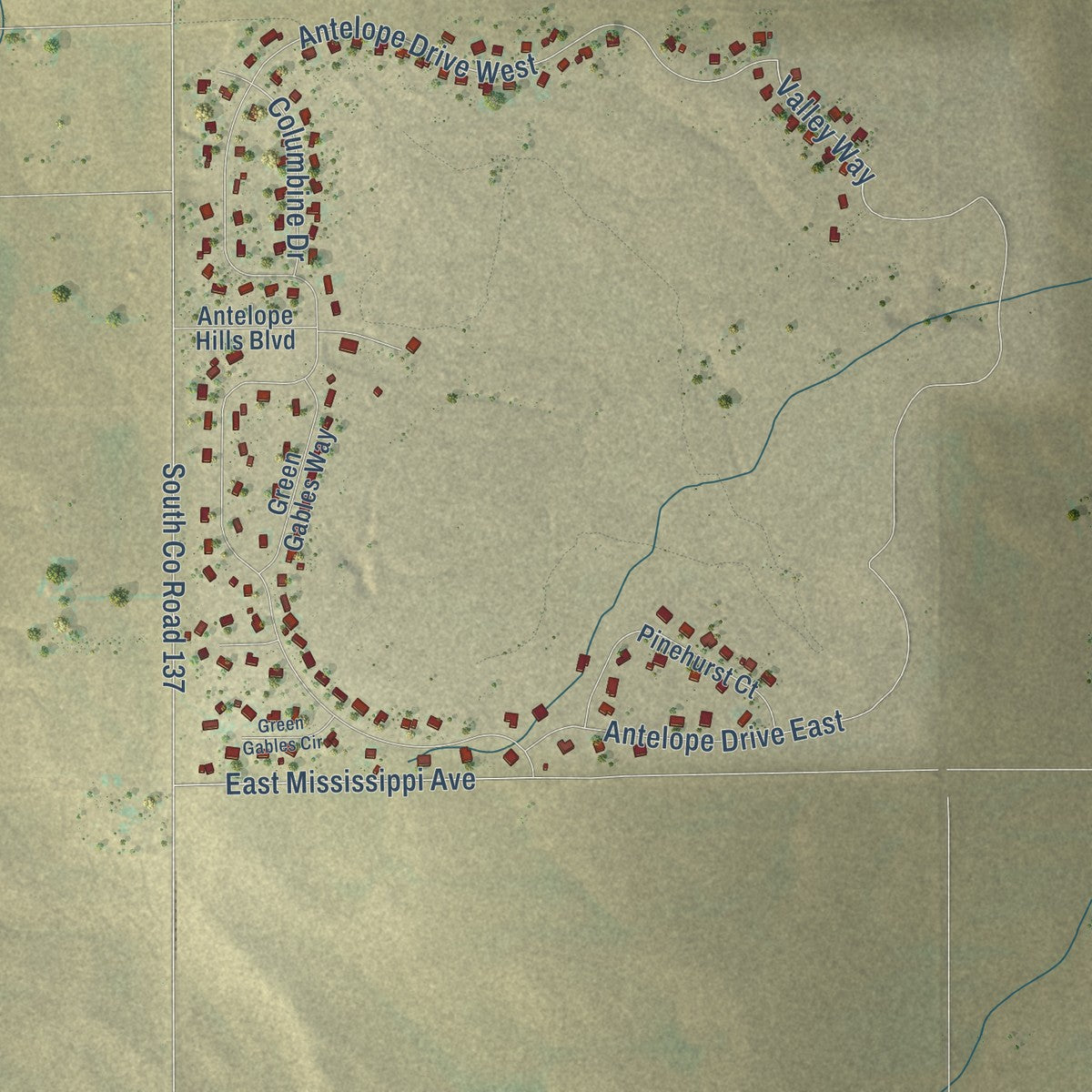Second close-up of the map of Bennett, Colorado print showing more streets and buildings