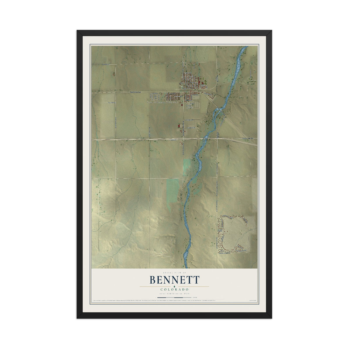 Map of Bennett, Colorado, 12 x 18 inch print in a black wood frame