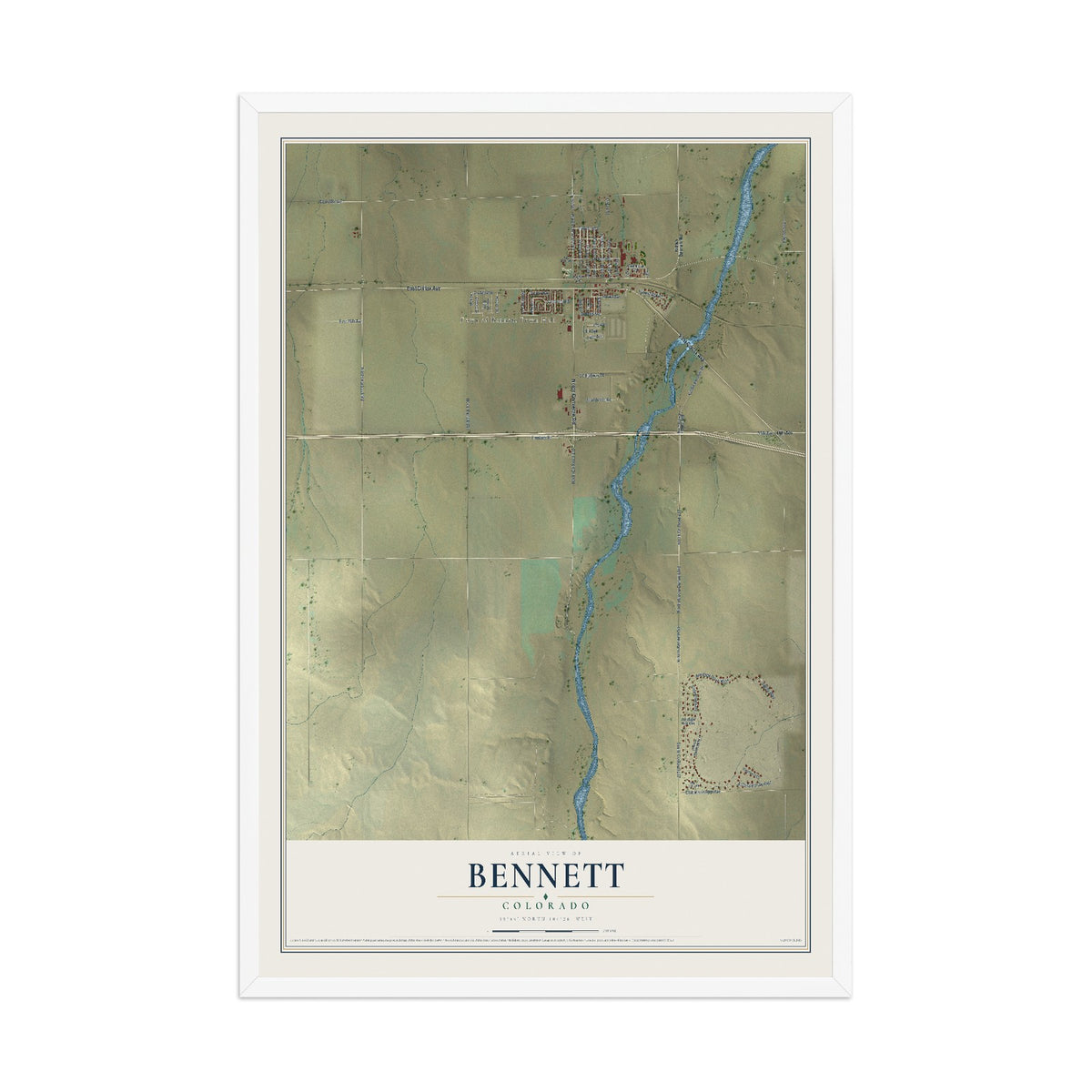 Map of Bennett, Colorado, 12 x 18 inch print in a white wood frame