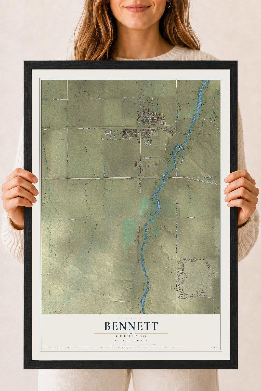 Map of Bennett, Colorado, 18 x 24 inch print in a black wood frame