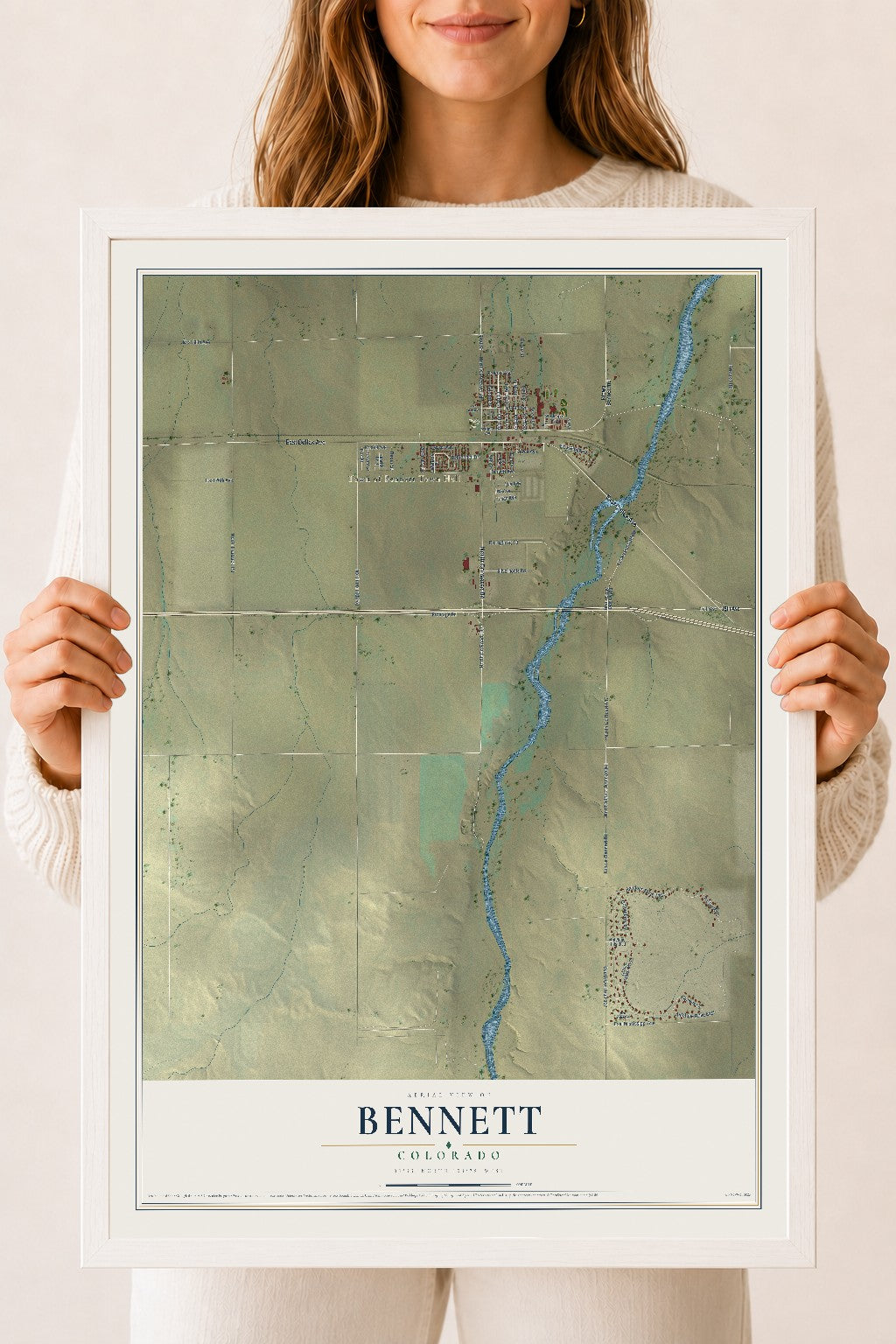 Map of Bennett, Colorado, 18 x 24 inch print in a white wood frame