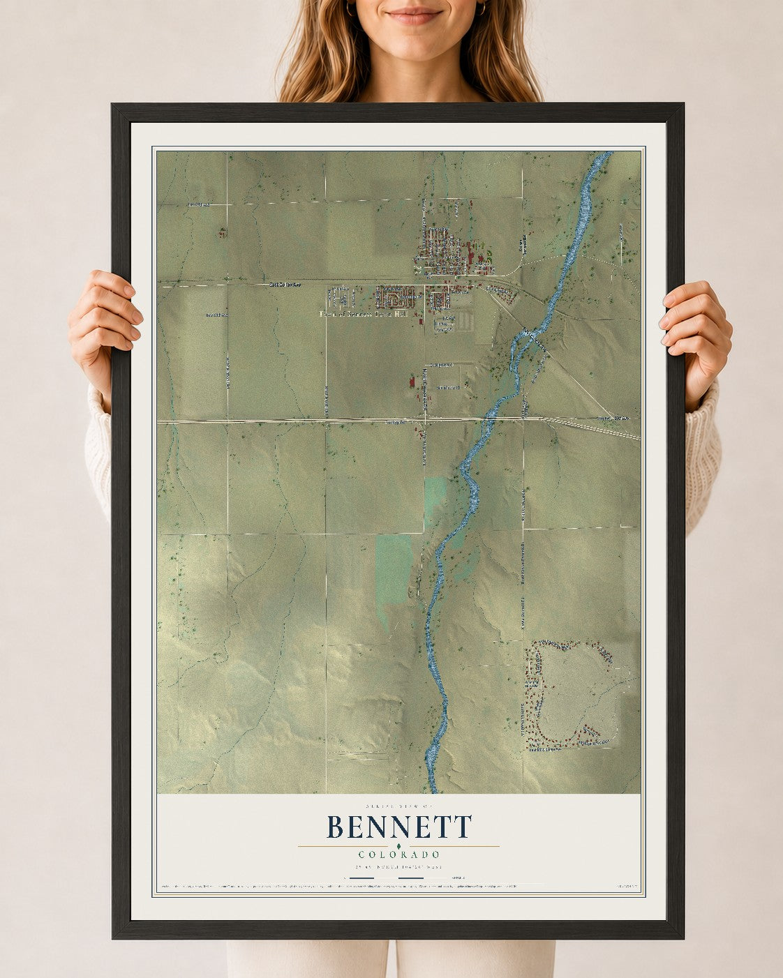 Map of Bennett, Colorado, 24 x 36 inch print in a black wood frame