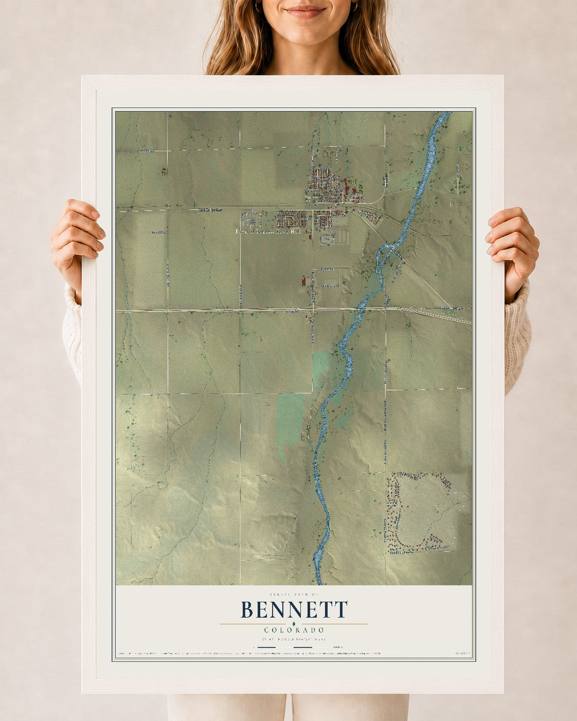 Map of Bennett, Colorado, 24 x 36 inch print in a white wood frame