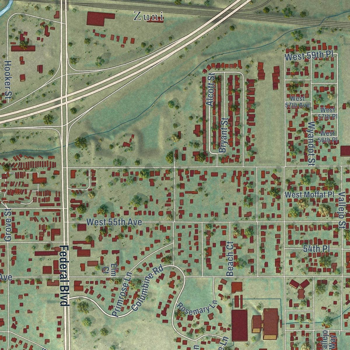 Close-up of the map of Berkley, Colorado print showing street and building detail