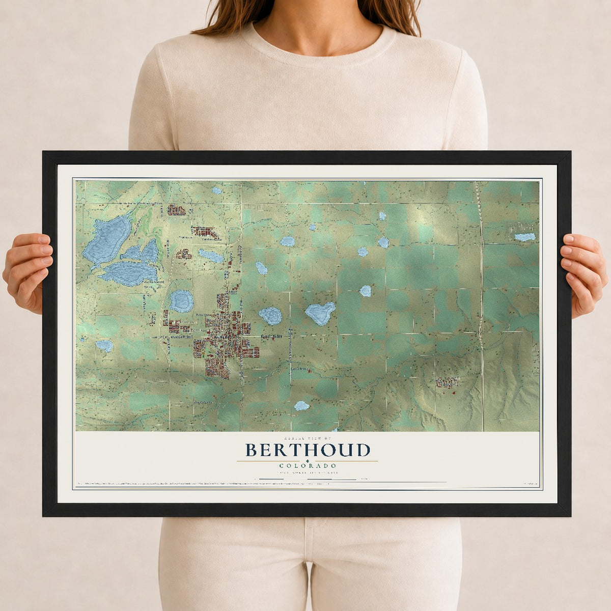 Map of Berthoud, Colorado, 12 x 18 inch print in a black wood frame