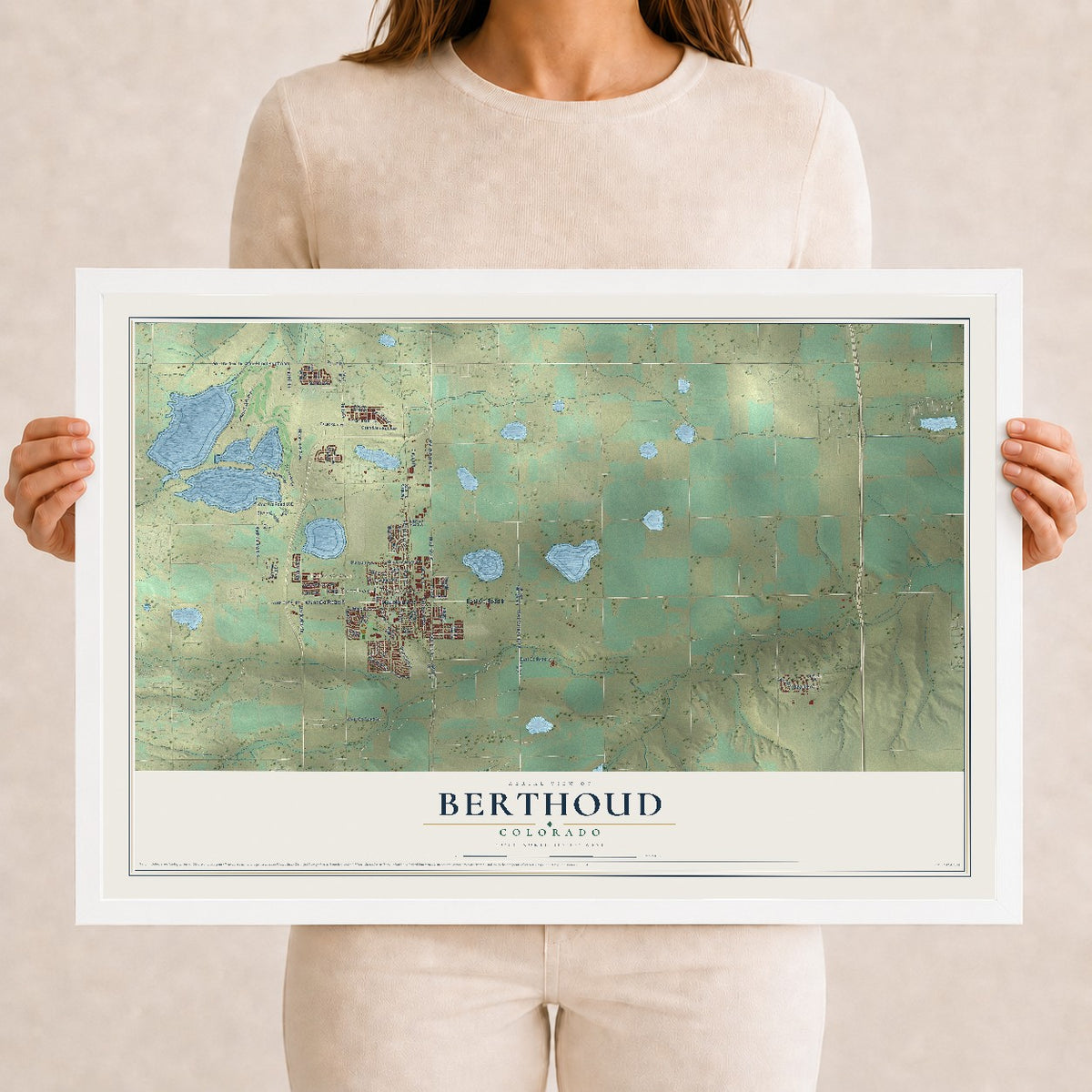 Map of Berthoud, Colorado, 12 x 18 inch print in a white wood frame