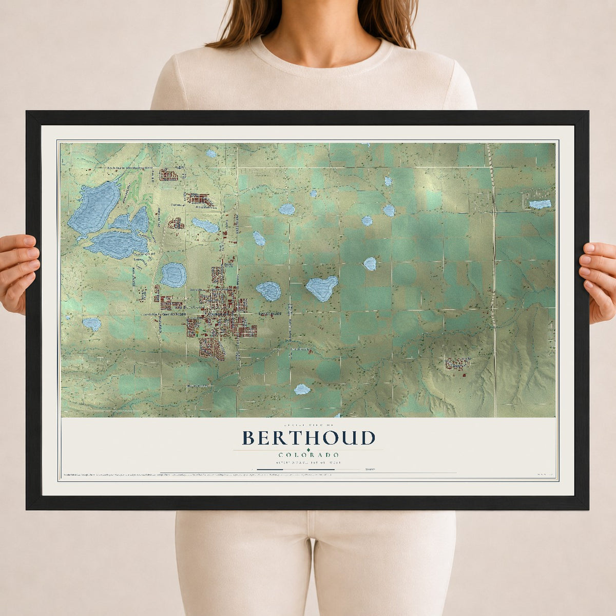 Map of Berthoud, Colorado, 18 x 24 inch print in a black wood frame