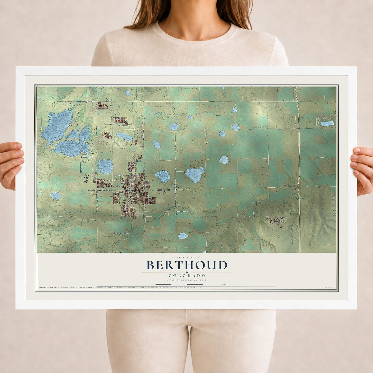 Map of Berthoud, Colorado, 18 x 24 inch print in a white wood frame