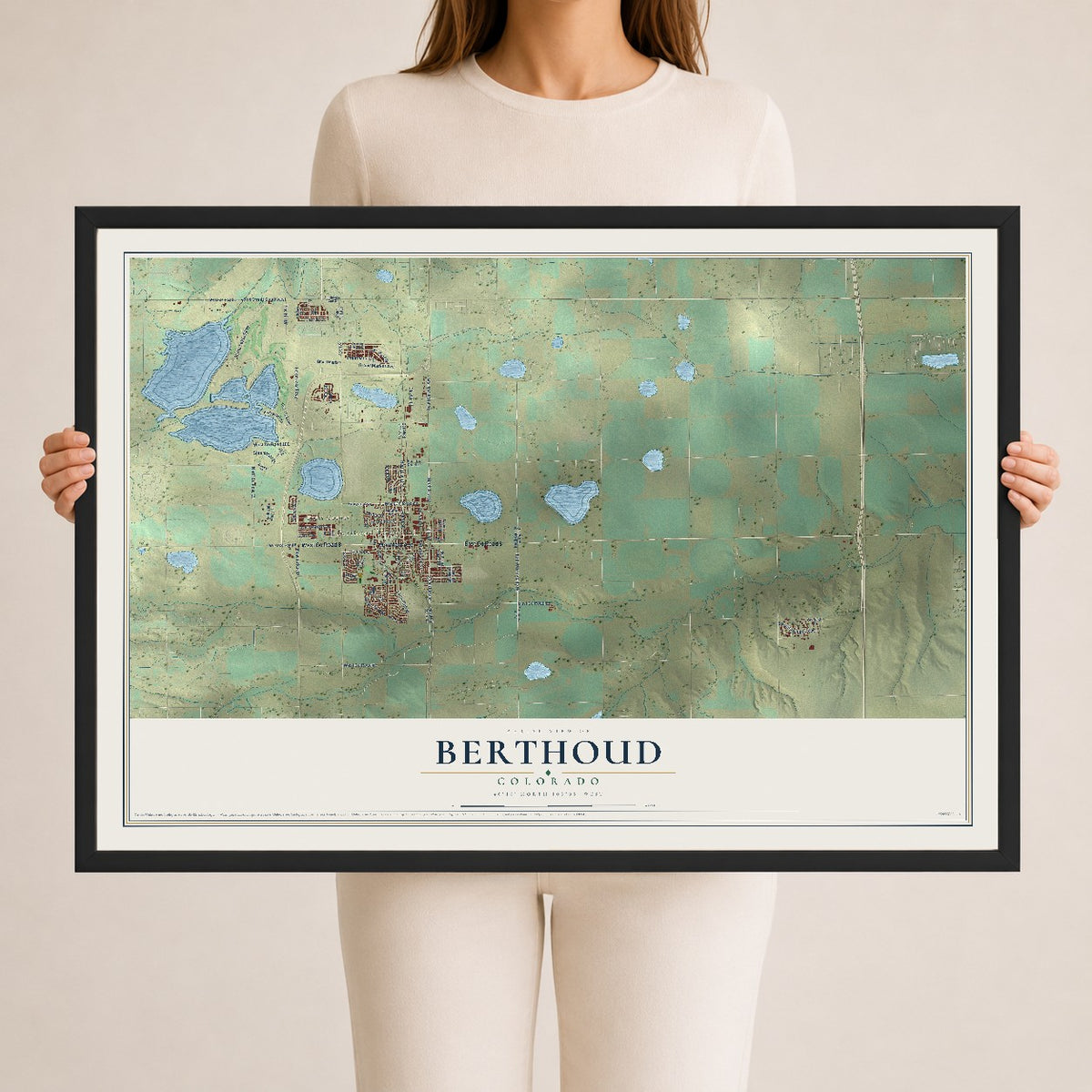 Map of Berthoud, Colorado, 24 x 36 inch print in a black wood frame
