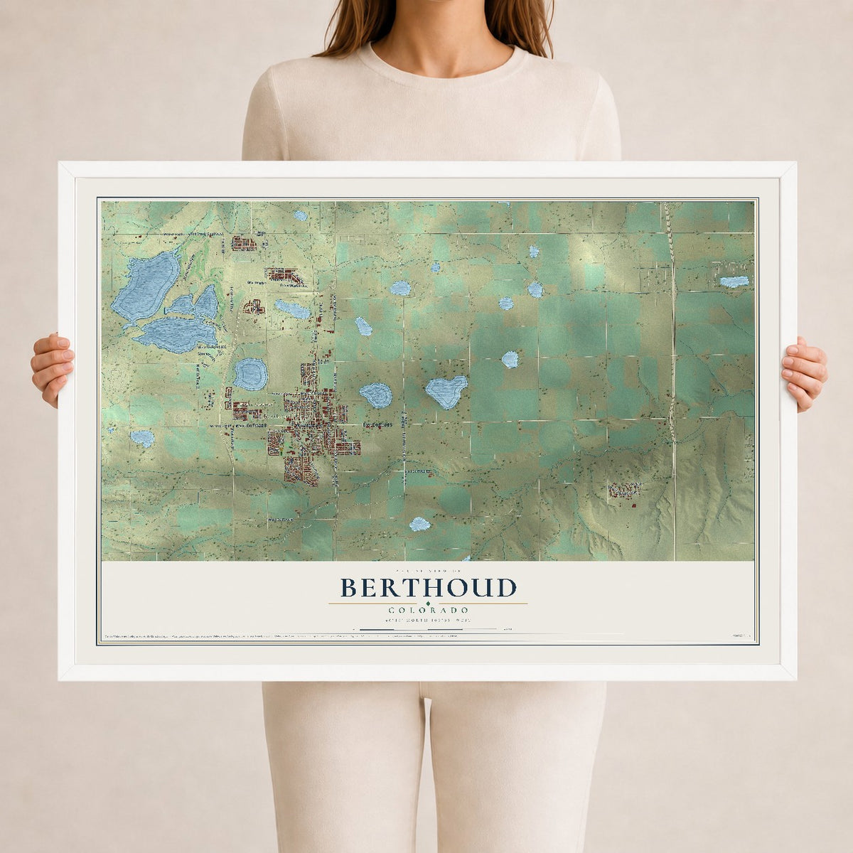Map of Berthoud, Colorado, 24 x 36 inch print in a white wood frame