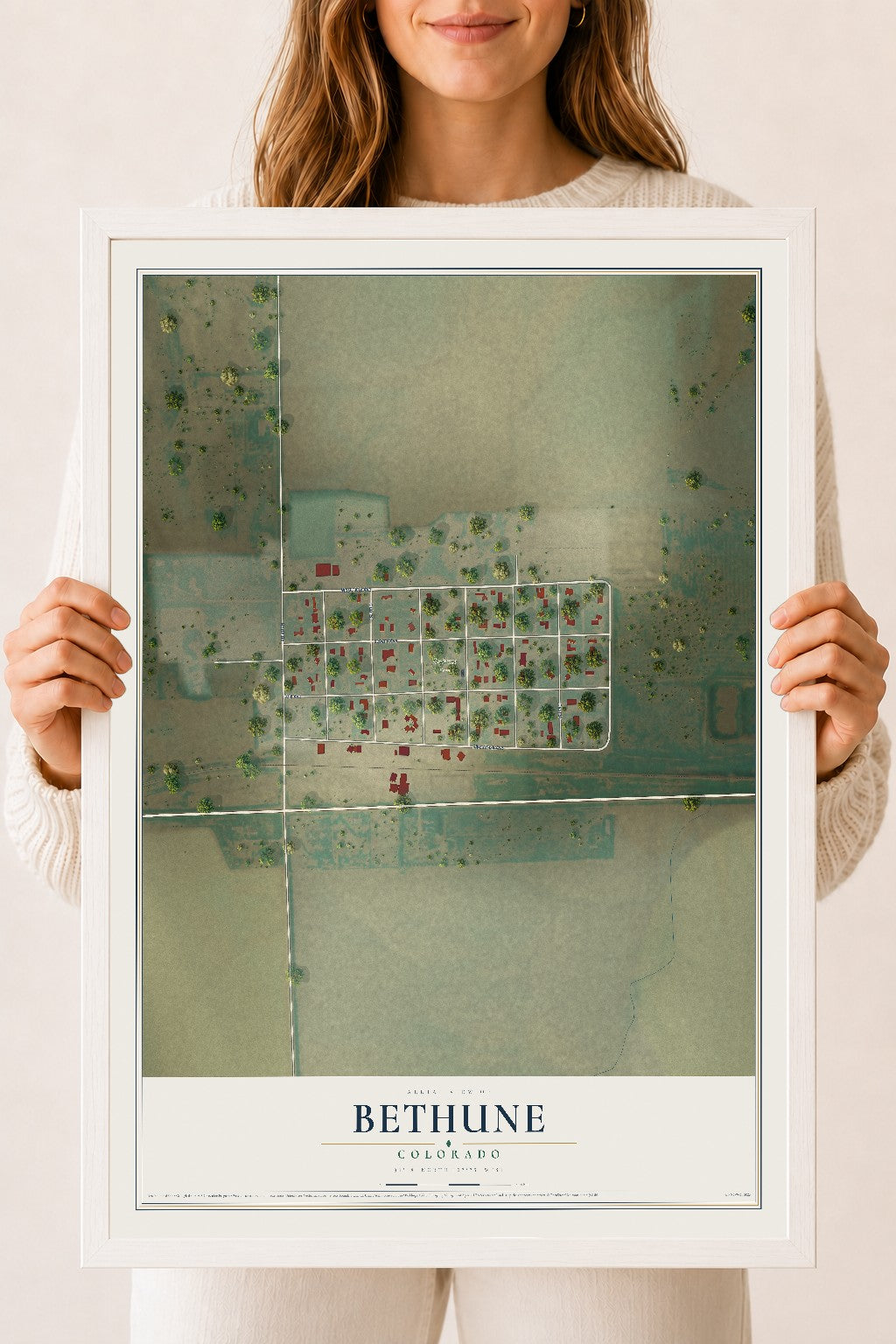 Map of Bethune, Colorado, 18 x 24 inch print in a white wood frame