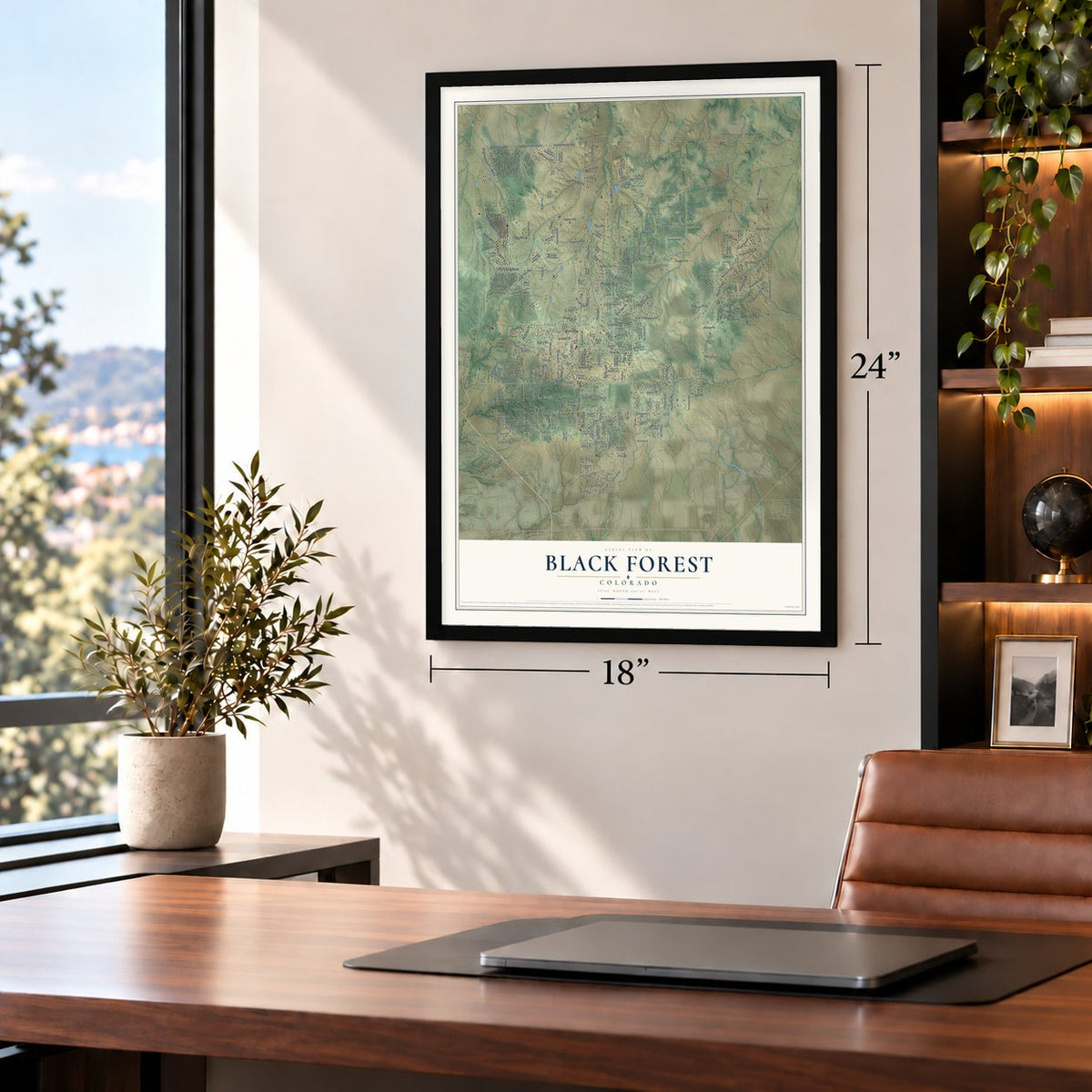 Black Forest, Colorado map, 18 x 24 inch print in a black frame in a home office