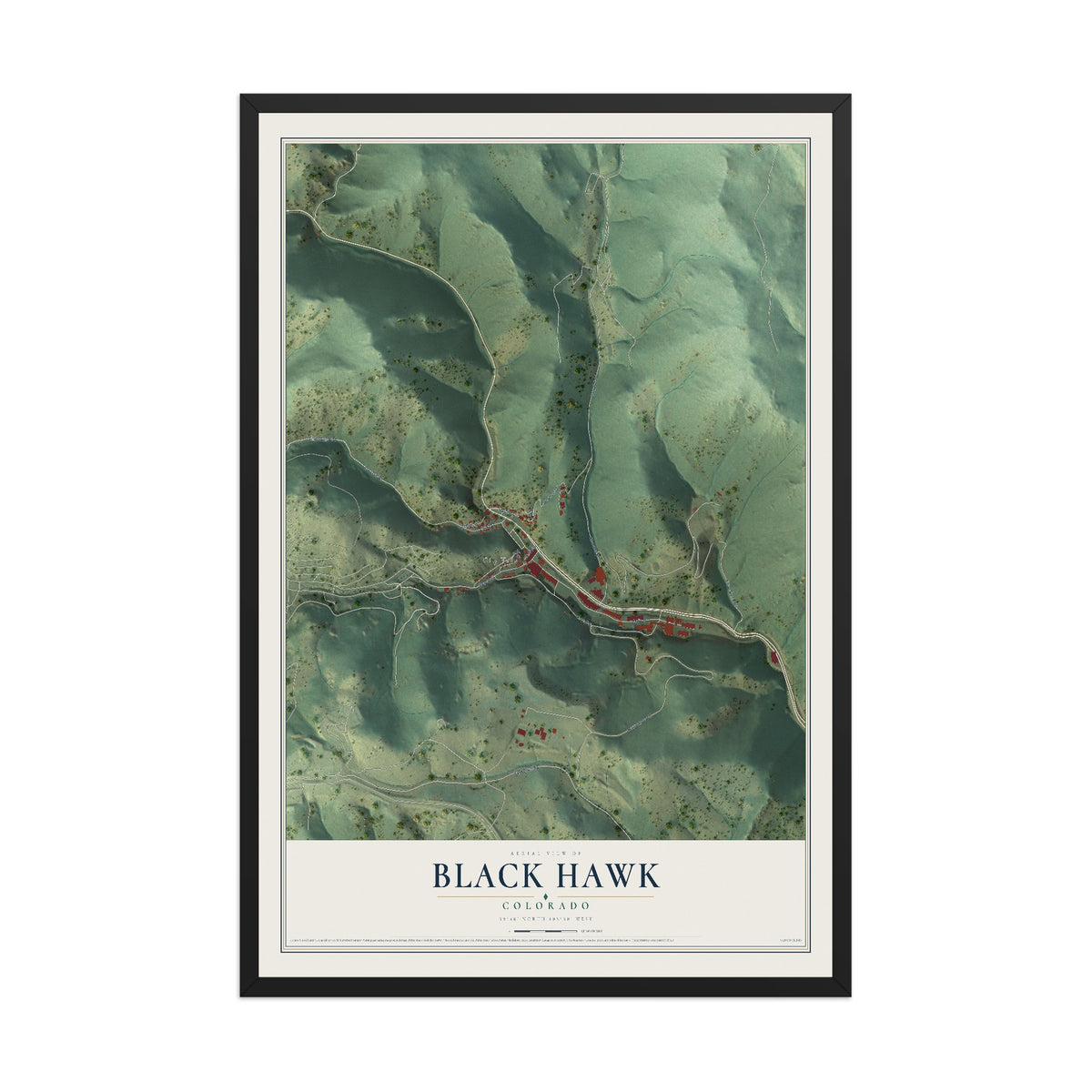 Map of Black Hawk, Colorado, 12 x 18 inch print in a black wood frame