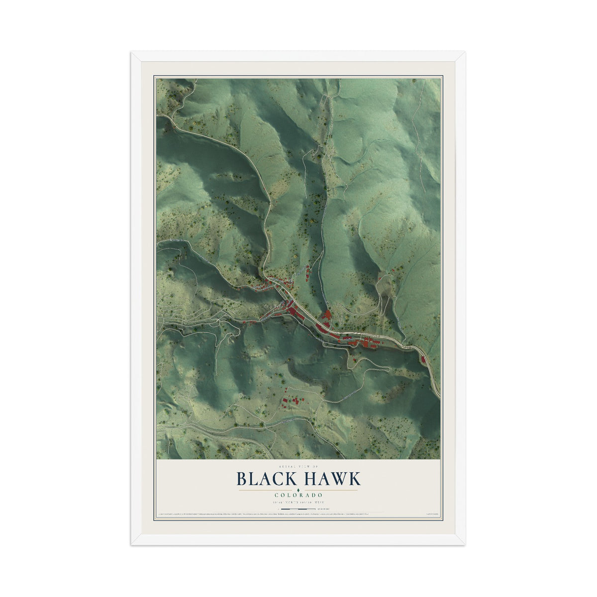 Map of Black Hawk, Colorado, 12 x 18 inch print in a white wood frame