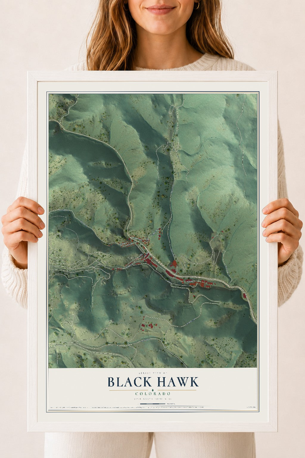 Map of Black Hawk, Colorado, 18 x 24 inch print in a white wood frame