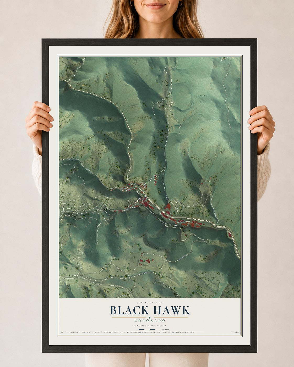 Map of Black Hawk, Colorado, 24 x 36 inch print in a black wood frame