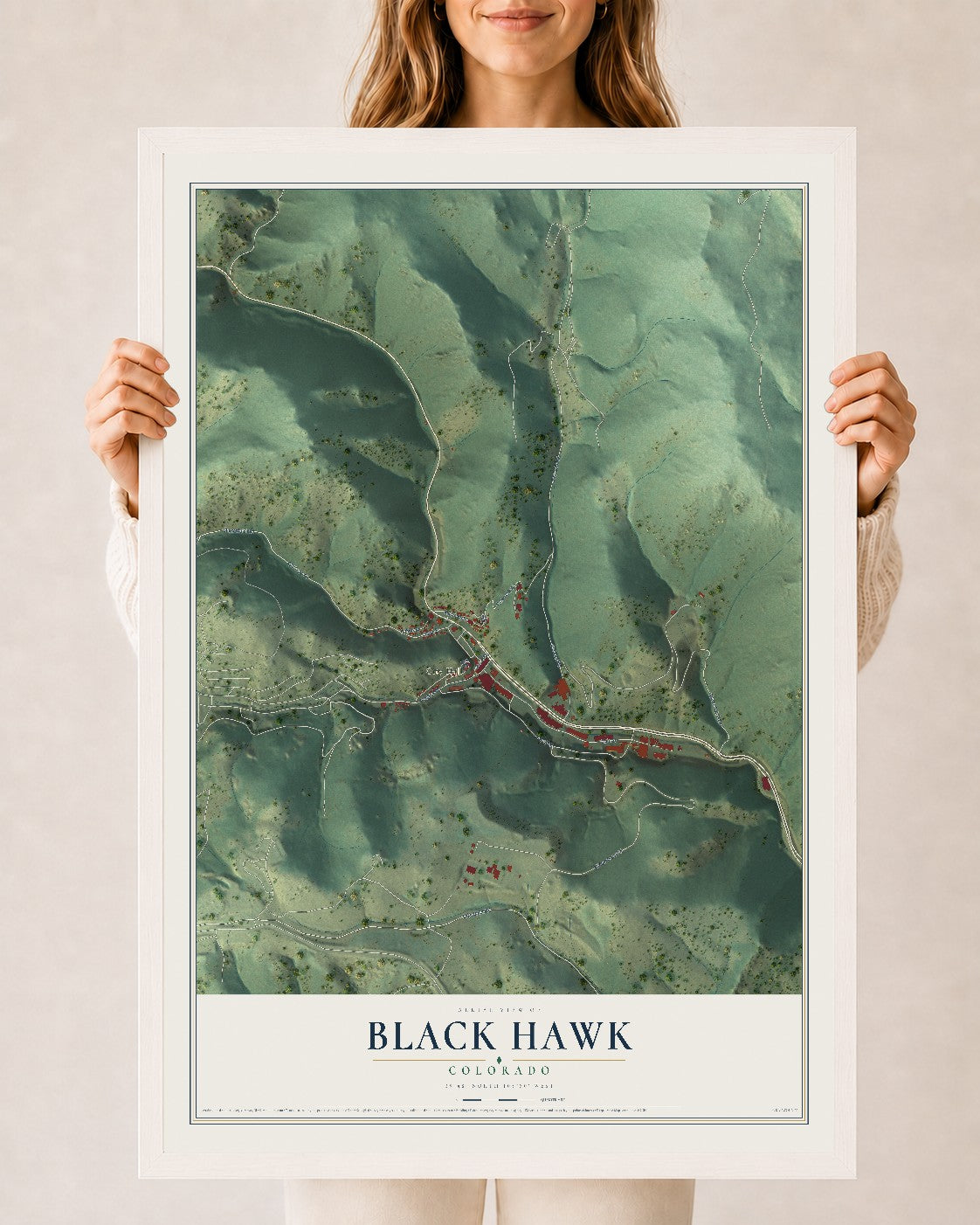 Map of Black Hawk, Colorado, 24 x 36 inch print in a white wood frame