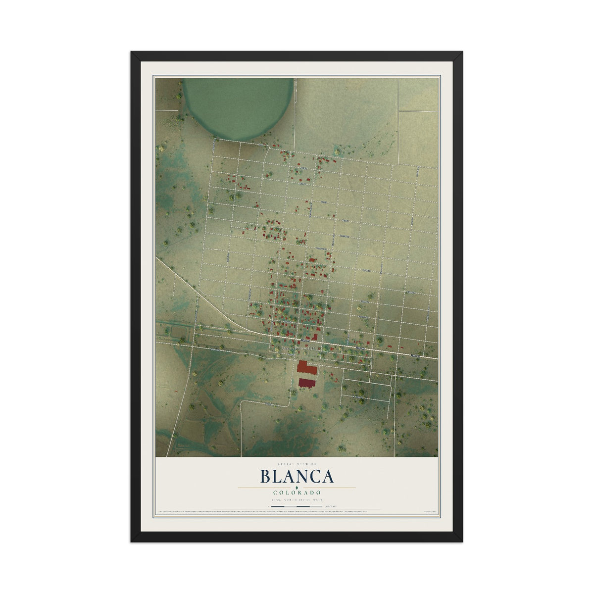 Map of Blanca, Colorado, 12 x 18 inch print in a black wood frame