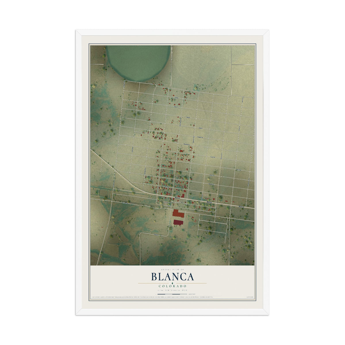 Map of Blanca, Colorado, 12 x 18 inch print in a white wood frame