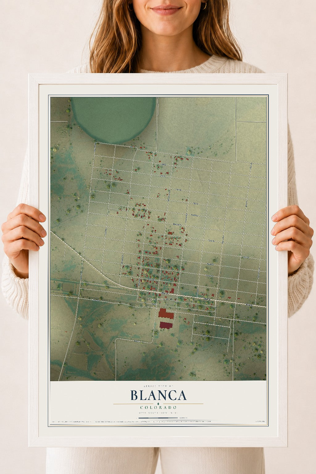 Map of Blanca, Colorado, 18 x 24 inch print in a white wood frame