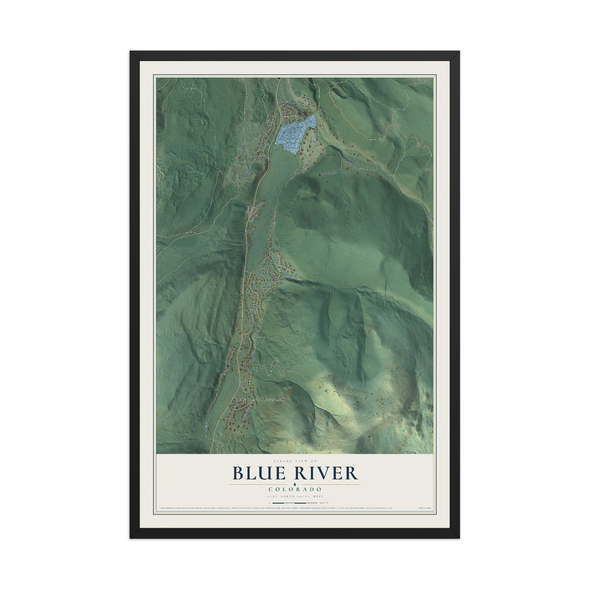 Map of Blue River, Colorado, 12 x 18 inch print in a black wood frame