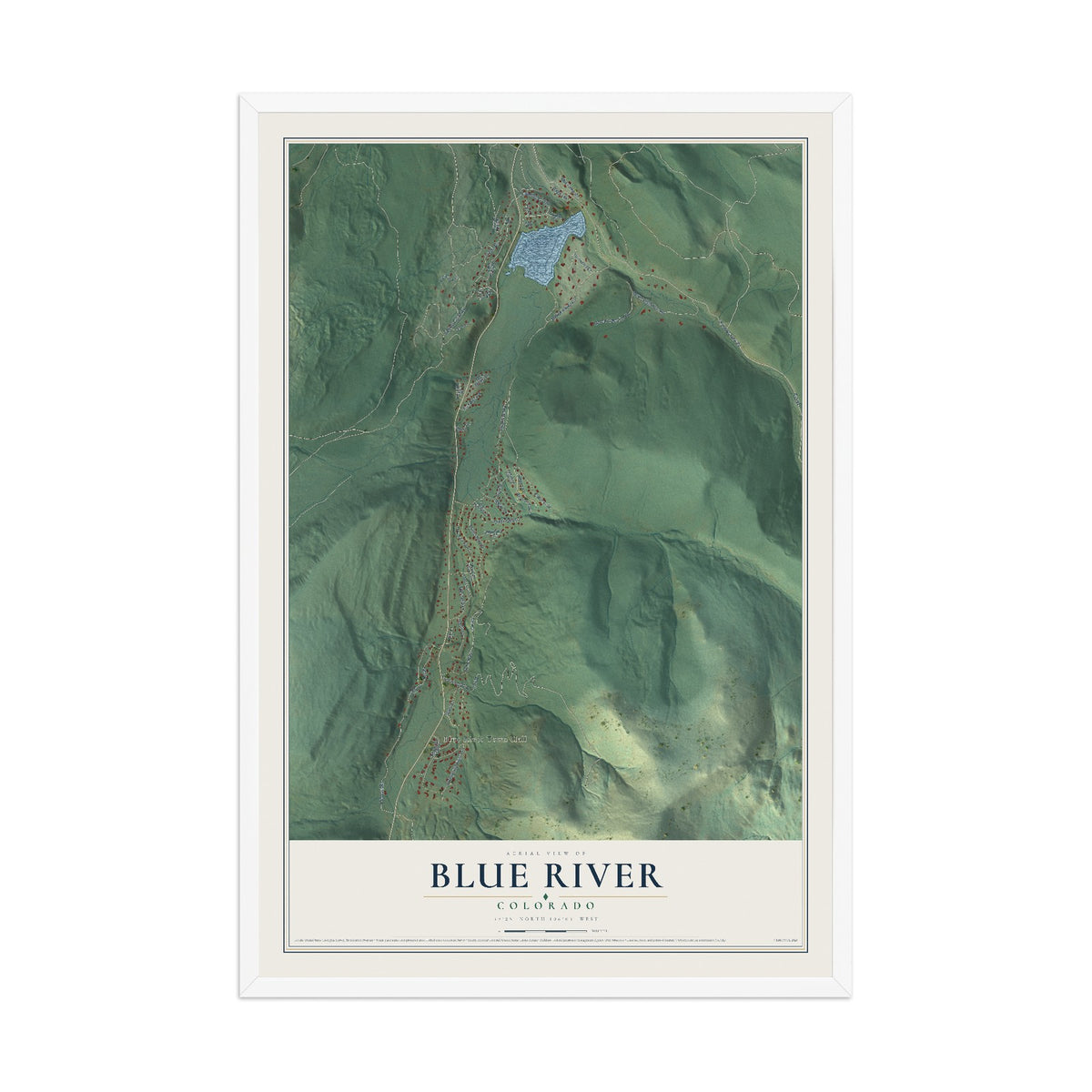 Map of Blue River, Colorado, 12 x 18 inch print in a white wood frame