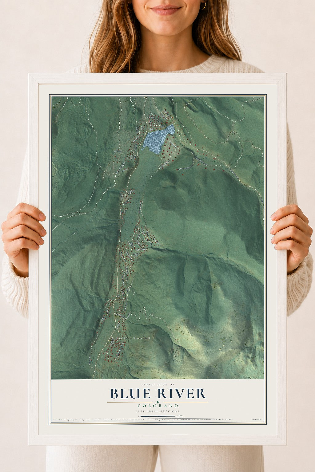 Map of Blue River, Colorado, 18 x 24 inch print in a white wood frame
