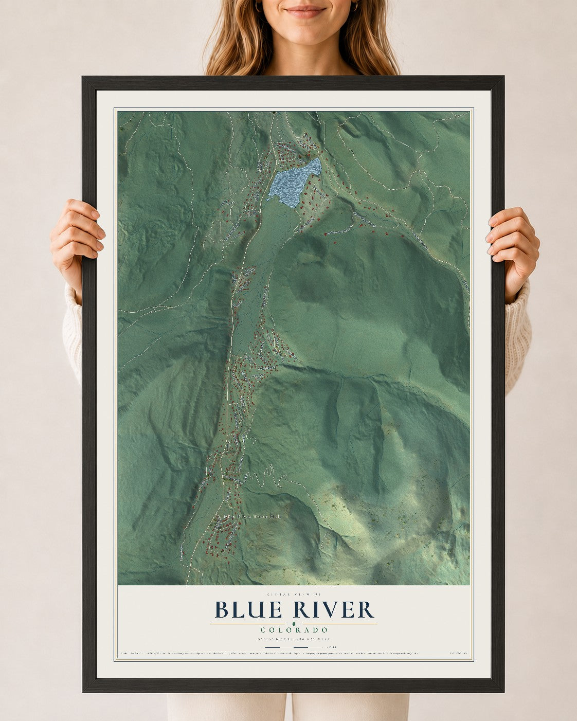 Map of Blue River, Colorado, 24 x 36 inch print in a black wood frame