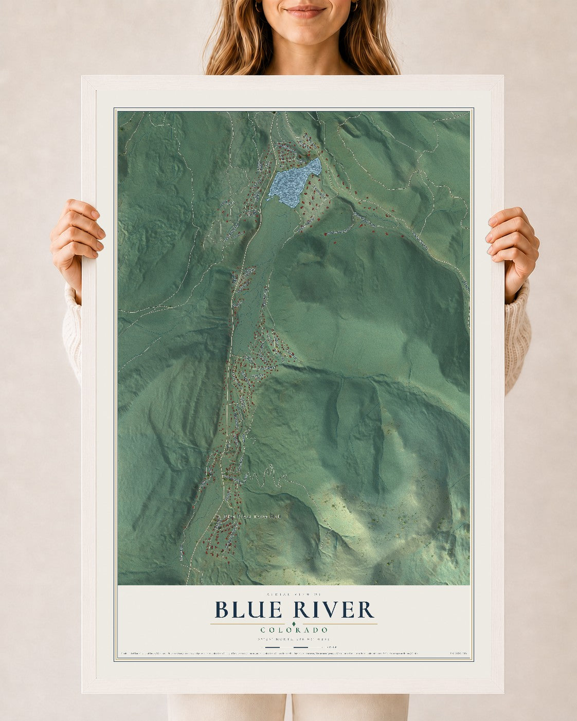 Map of Blue River, Colorado, 24 x 36 inch print in a white wood frame