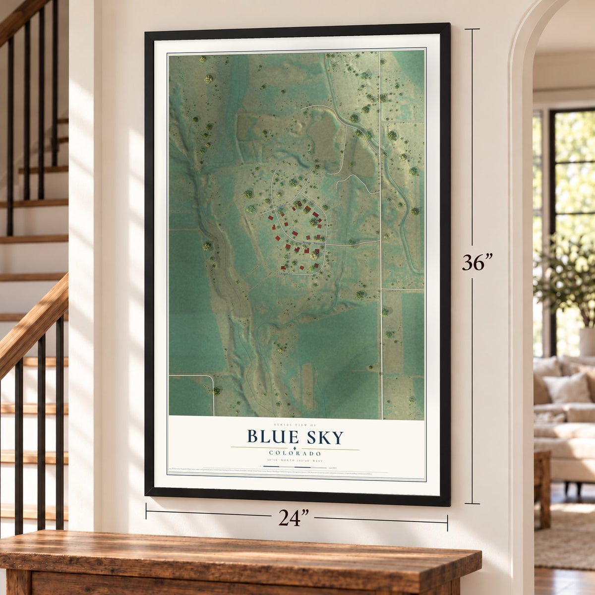 Blue Sky, Colorado map, 24 x 36 inch print in a black frame by a staircase
